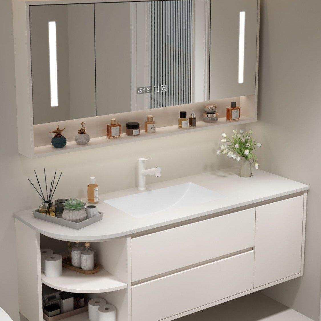 定制实木圆弧形浴室柜组合斜切角异形盆可丽耐一体盆岩板洗手台盆