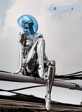 未来科技感艺术电镀银色机械女泡泡摆件客厅书房人物人偶坐姿雕塑