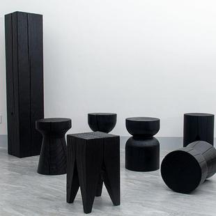 北欧侘寂风木墩凳根雕木墩凳碳化矮凳民宿家具原木碳黑木桩摆件