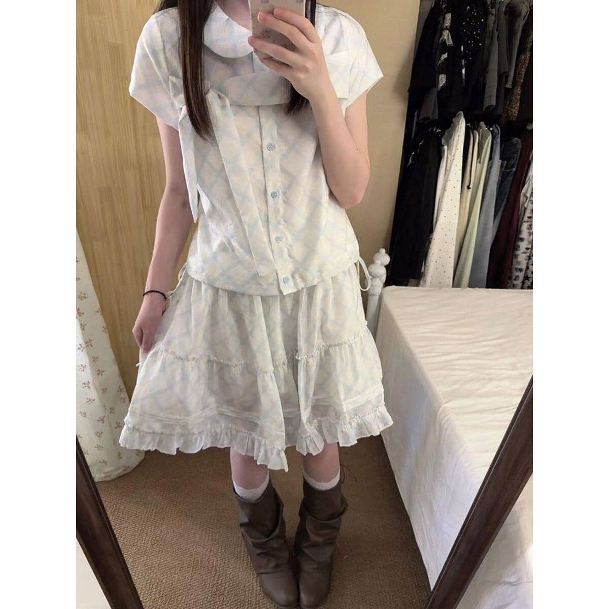雾蓝梦境 日系古早味少女感套装娃娃领蝴蝶结上衣+半身裙两件套夏