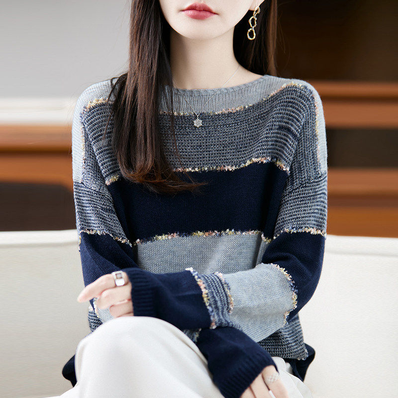 秋装复古条纹针织打底衫女2026新款春秋洋气上衣大码女装秋冬毛衣
