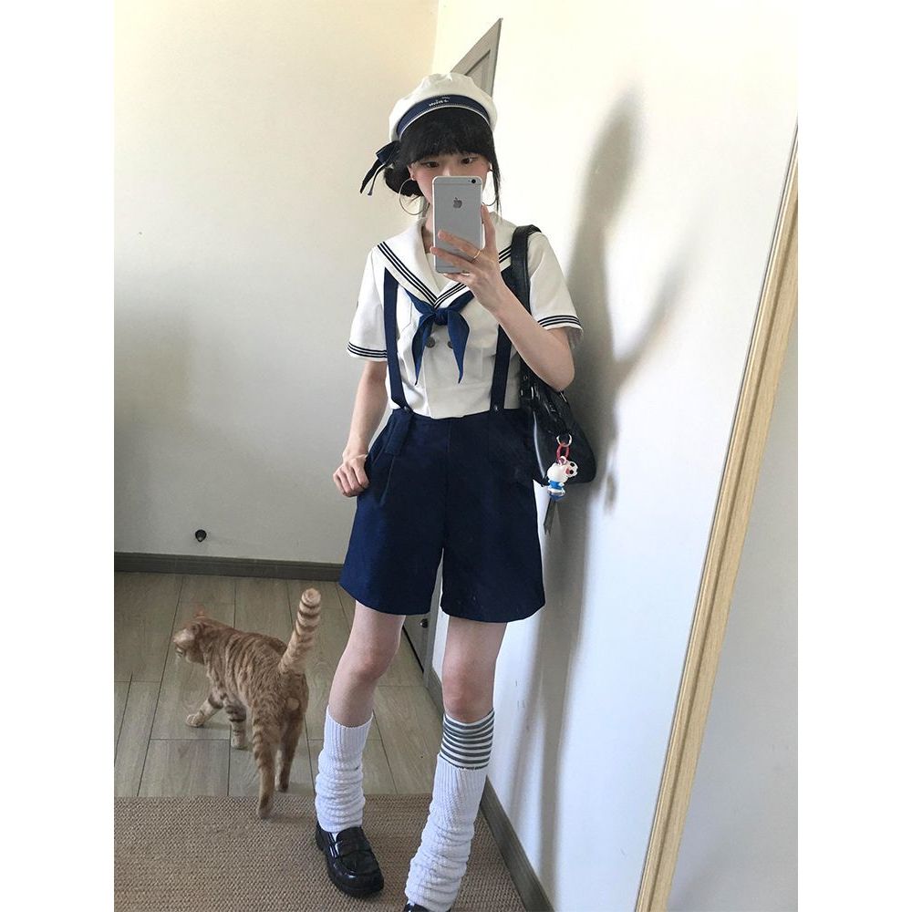 海上环乐园 航海风甜美少女双排扣收腰短袖水手服夏季日系两件套