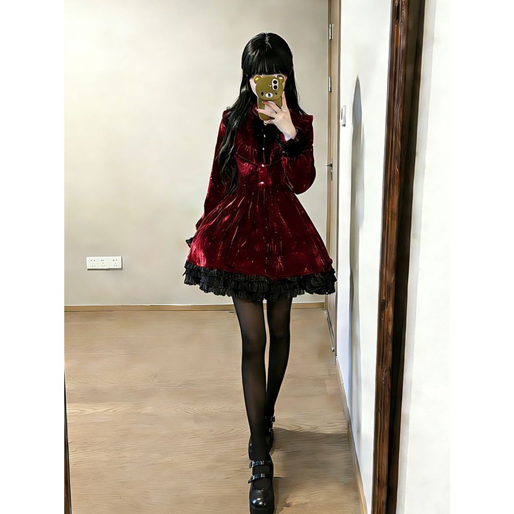 日系Lolita暗黑哥特风doll感血色拼接蝴蝶结天鹅绒长袖连衣短裙女