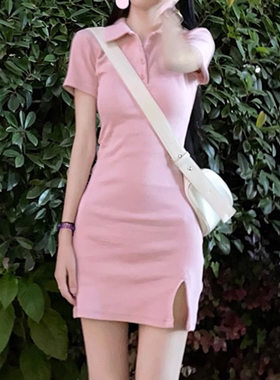 蓝伊轻语连衣裙夏季女生薄款Polo领新款减龄掐腰显瘦开叉连衣短裙