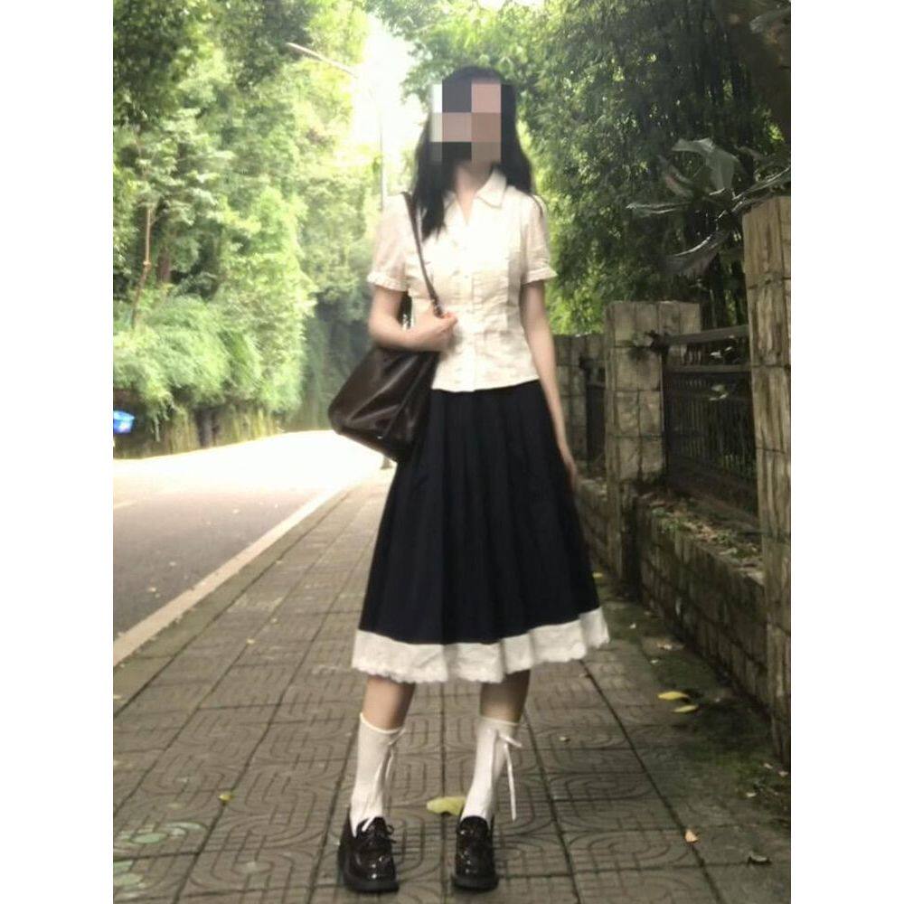 素雅学院 日系学院风二次元JK制服设计感polo领衬衫拼接半裙套装