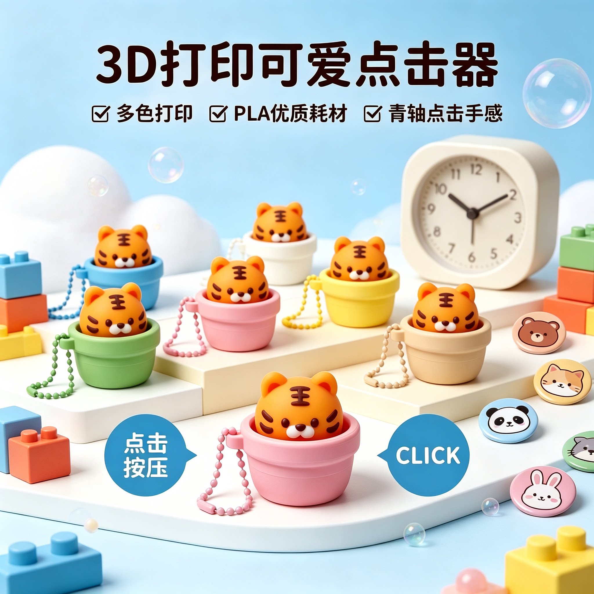 创意3D打印小动物盆栽按键点击器老虎减压解压钥匙扣挂件玩具礼物