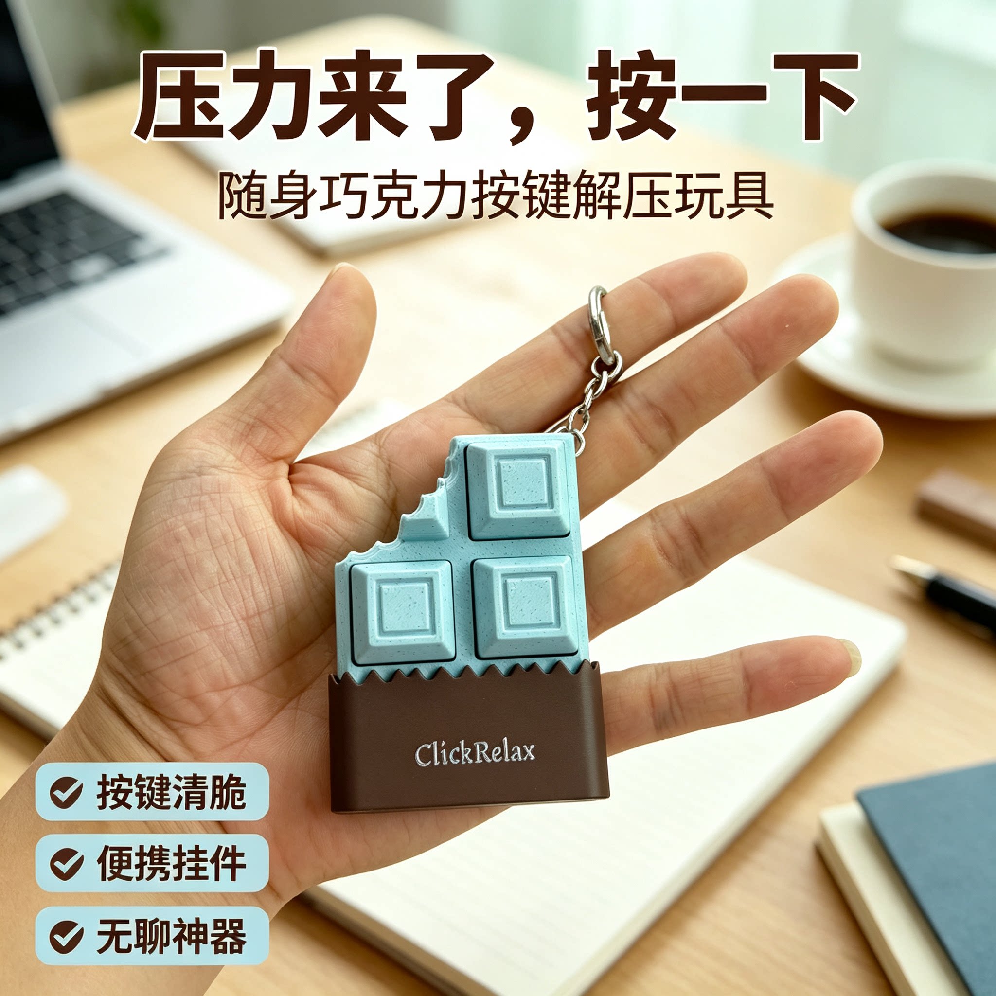 3D打印巧克力造型点击器机械键轴咔哒按压解压玩具钥匙扣小挂饰