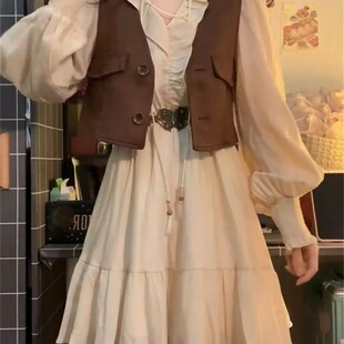 宽松显瘦木耳边系带拼接洋装 大尺码 新款 女秋装 棕色马甲 胖妹妹套装