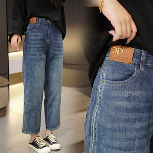 200胖mm宽松遮肉直筒裤 春夏款 120 高腰撞色口袋黄皮标牛仔裤 大码