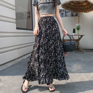 褶皱半身裙女碎花长裙夏季2025新款宽松大裙摆伞裙高腰蛋糕a字裙