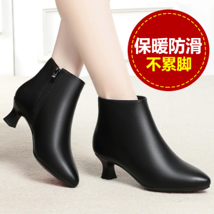 秋冬季女士棉皮鞋真皮软底短靴子工作鞋女低中小跟工装皮鞋妈妈鞋