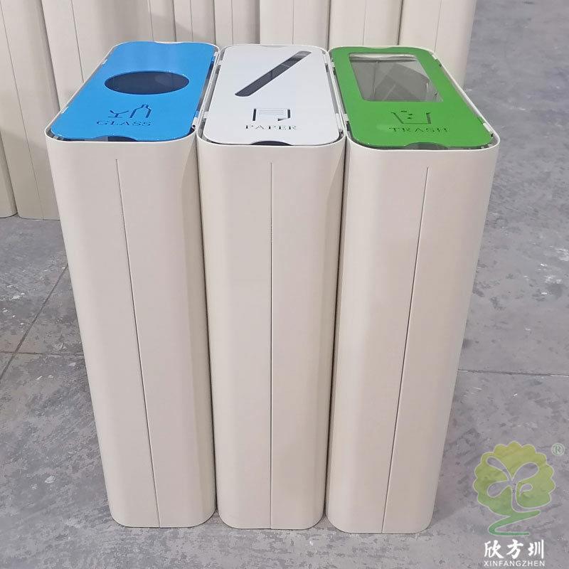 外贸出口室内商用喷粉转木纹不锈钢分类垃圾桶三色金属果皮箱厂家