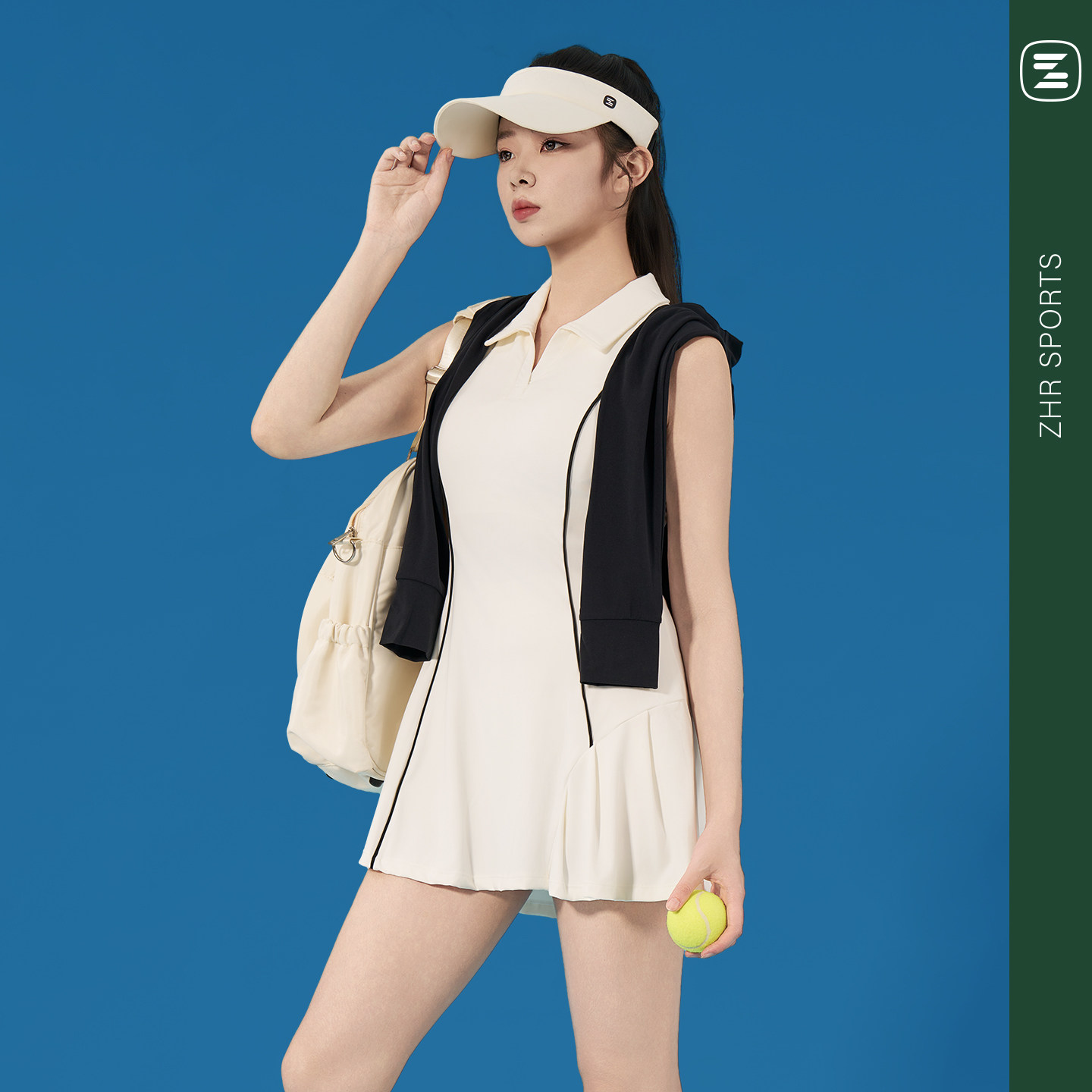 ZHRSPORTS白色网球连衣裙小V领修身速干衣羽毛球服高尔夫运动短裙