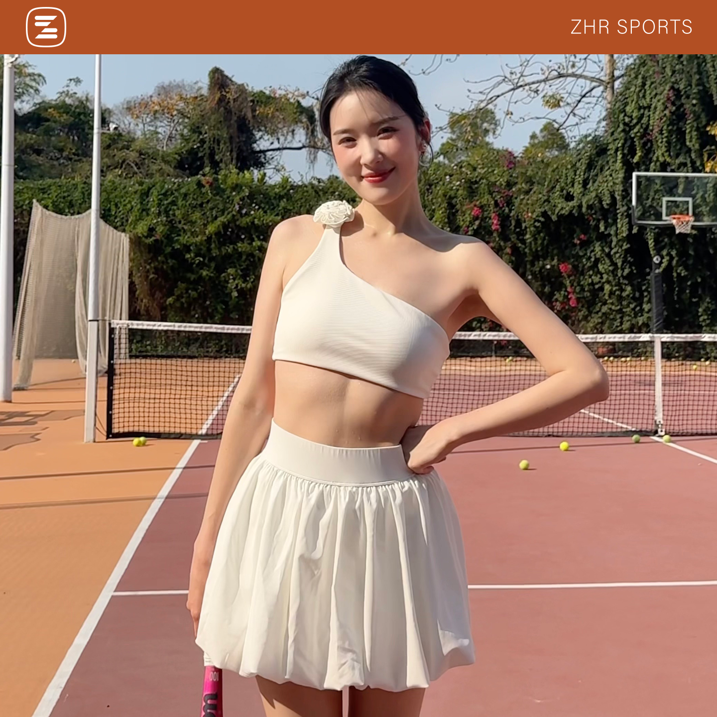 ZHRSPORTS夏季网球上衣短裙套装网球服两件套斜肩背心运动蓬蓬裙