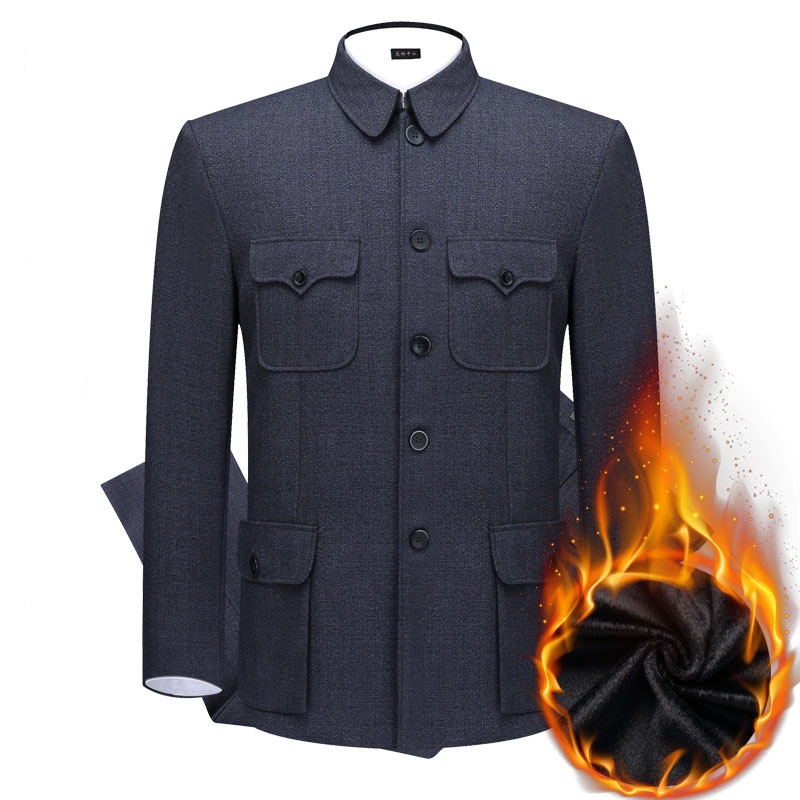 中山装套装秋冬款加绒加厚保暖防寒中山服老人棉衣服爷爷装父亲装