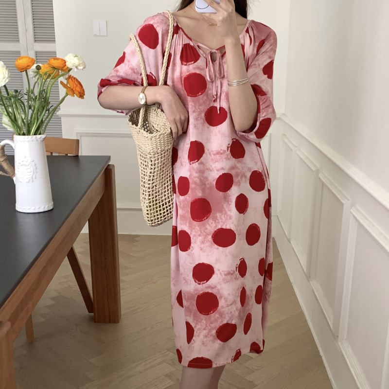 棉绸睡裙女夏季薄款绵绸睡衣清冷国风波点新中式可外穿棉绸家居裙