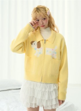 ECHO STA翻领显白针织少女休闲外套修狗提花图案百搭开衫毛衣新款