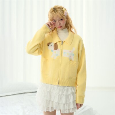 ECHO STA翻领显白针织少女休闲外套修狗提花图案百搭开衫毛衣新款