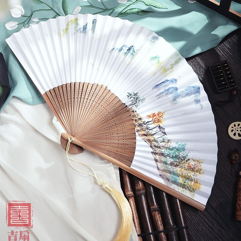 水墨风折叠扇折扇子新中式禅意双面串纸扇折叠男女竹小汉服旗袍