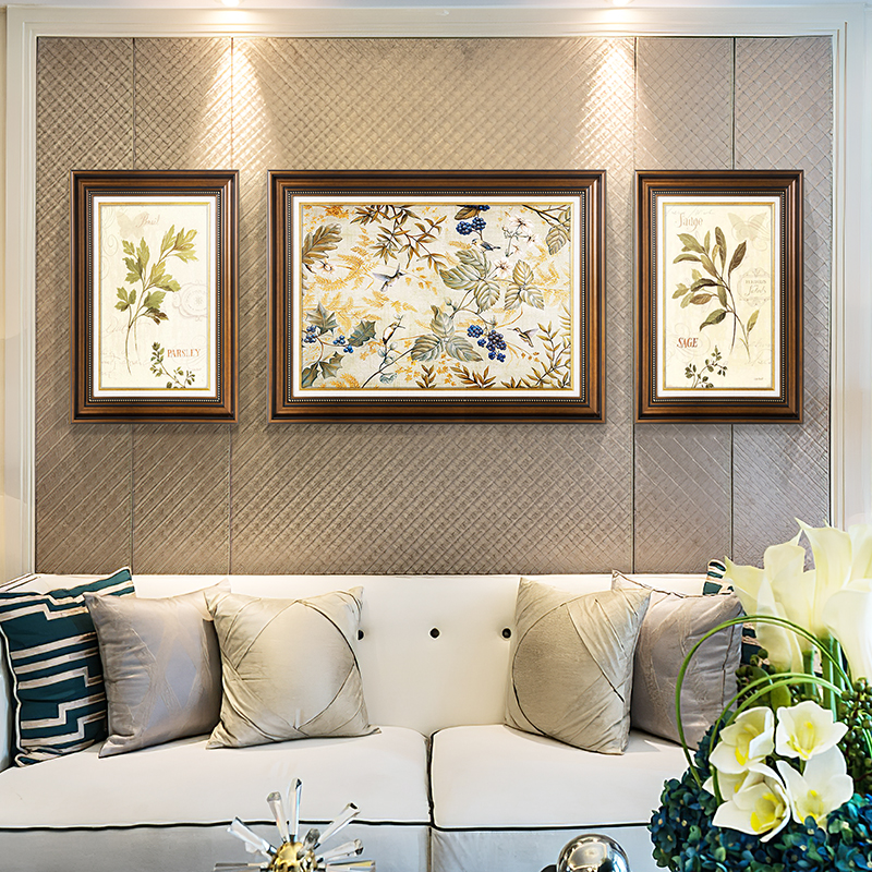 美式装饰画客厅沙发背景墙挂画复古田园三联画植物法式壁画欧式图片