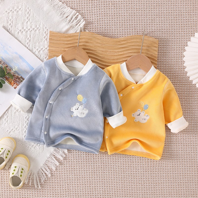 宝宝保暖上衣单件婴儿加绒开衫儿童秋衣加厚秋季新生儿内衣秋冬款