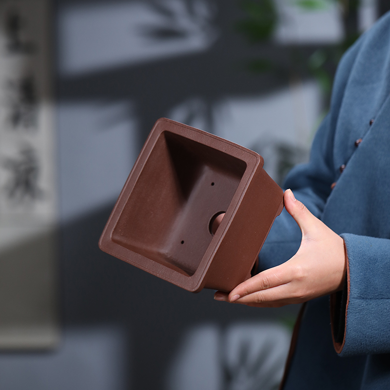 尚扣紫砂 紫泥素面小盆景盆 桌面绿植古雅四方长方花盆松柏手工盆