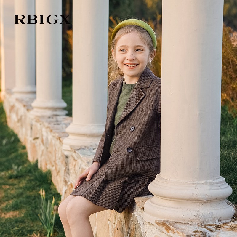 RBIGX瑞比克童装春秋季设计感套装女童复古学院风格子西服外套