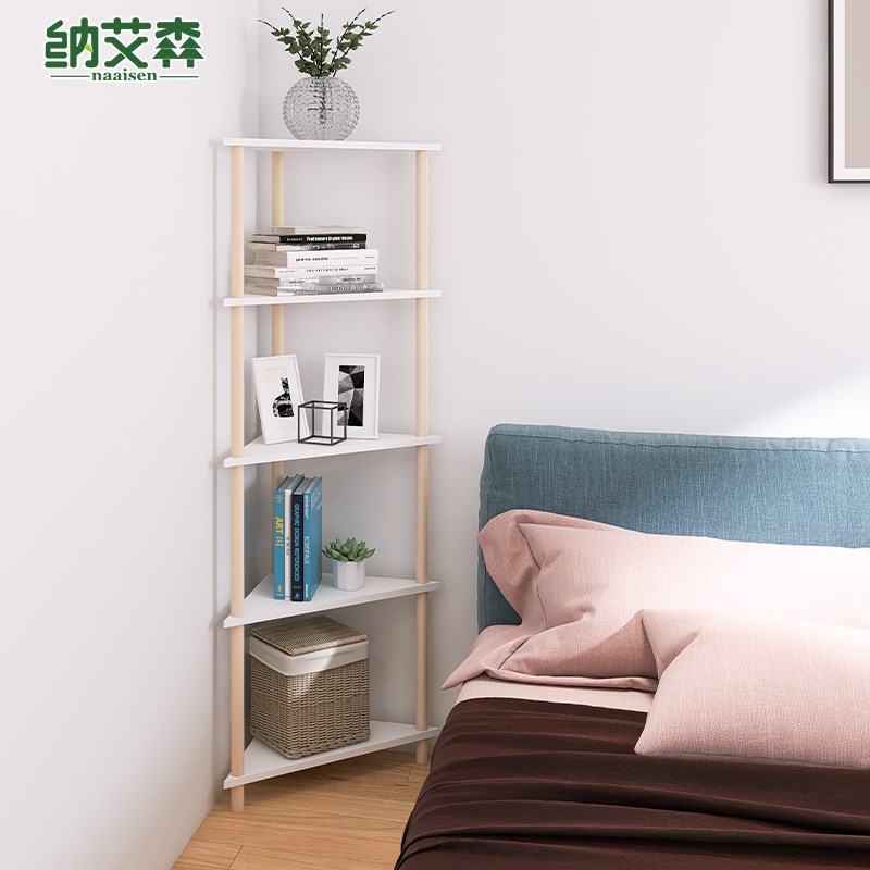 墙角三角置物架落地转角架子拐角多层收纳架实木三角形书架免打孔