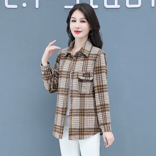 时尚 毛呢格子衬衫 女2023新款 秋季 外套 复古港味宽松加厚衬衣春秋装