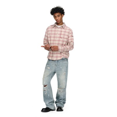 ANTIDOTE 破坏毛边格子衬衫春秋复古撞色长袖格纹休闲宽松衬衣男