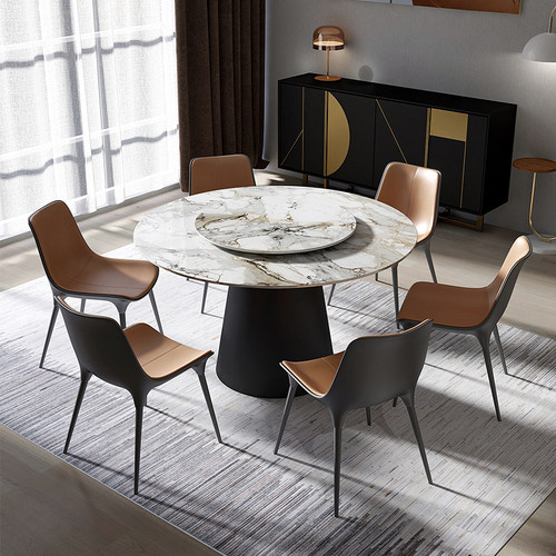 白蜡木岩板餐桌实木圆形轻奢家用餐厅桌椅组合意式极简大理石桌子