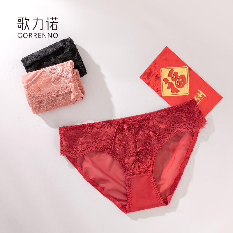 大红色女士内裤属兔本命年新娘结婚网纱蕾丝性感透气低腰三角短裤