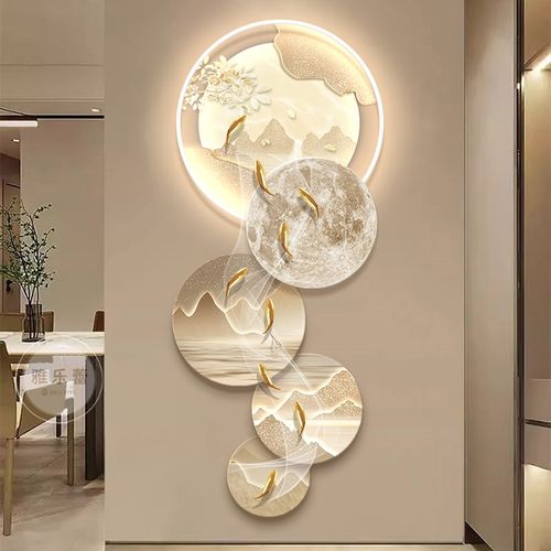 奶油风入户玄关装饰画正对门轻奢高级感山水挂画立体九鱼图灯光画