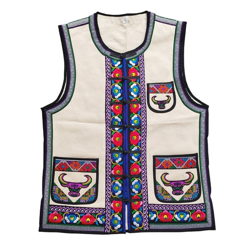 新款花边帆布绣花马甲彝族男马褂黑线绣花白马夹白色八角花马夹