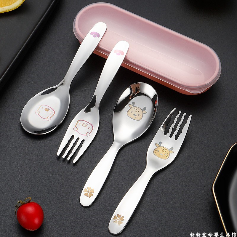 316L不锈钢短柄儿童勺子叉子婴儿家用吃饭汤勺宝宝彩雕动物短把叉