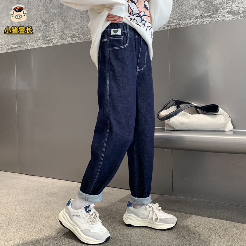 女童春秋季裤子儿童宽松牛仔裤女大童直筒裤女孩春款加绒老爹裤