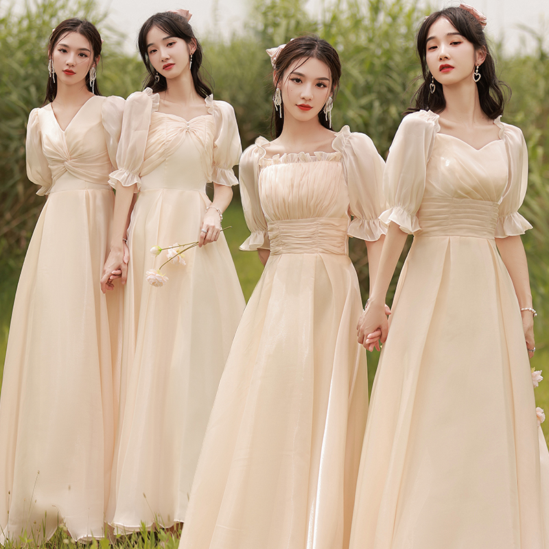 香槟色伴娘服2021新款秋姐妹团主持人礼服女高级晚礼服裙长款显瘦