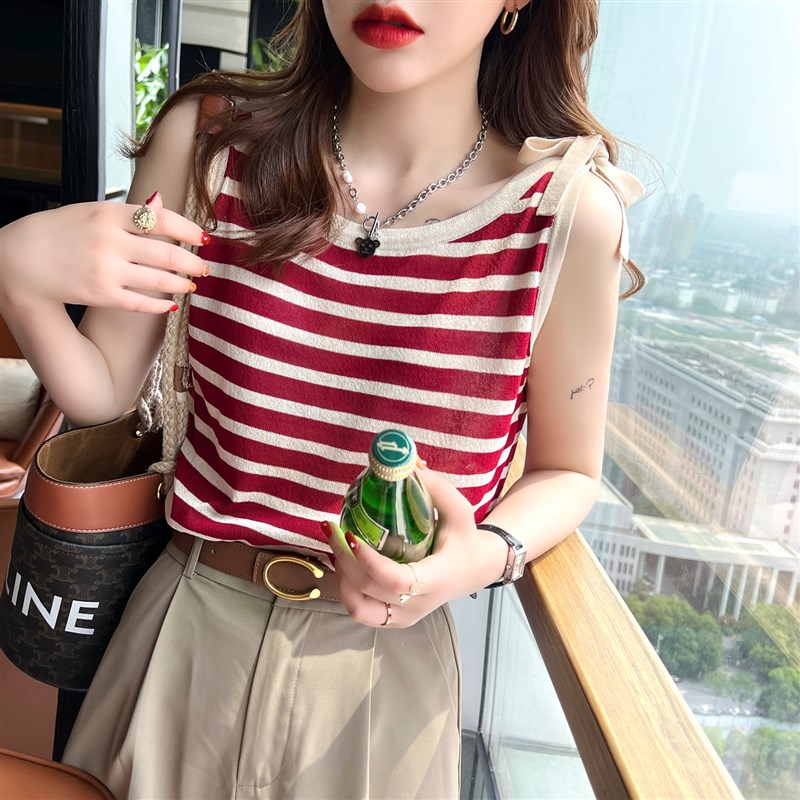 黑白条纹背心女夏外穿宽松薄款内搭针织吊带无袖t恤大码打底上衣