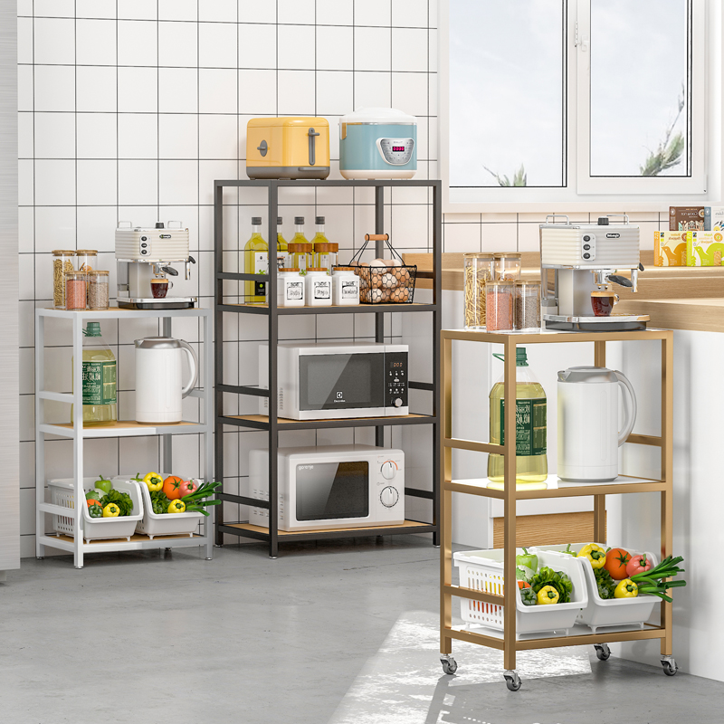 厨房置物架落地多层微波炉架子免安装家用放调味料锅具实木收纳架