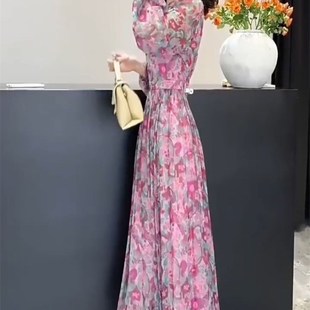法式雪纺碎花连衣裙2024夏季新款圆领收腰长裙宽松薄款长袖防晒裙