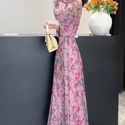 法式雪纺碎花连衣裙2024夏季新款圆领收腰长裙宽松薄款长袖防晒裙