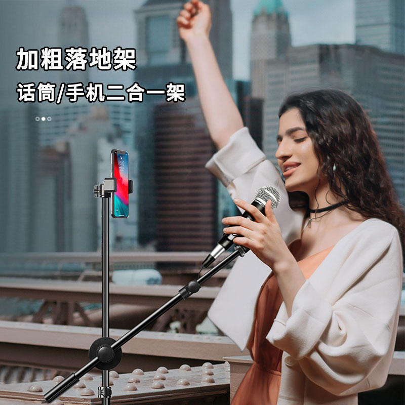 专业麦克风支架落地式直播话筒架二合一体立式三脚架手机户外唱歌