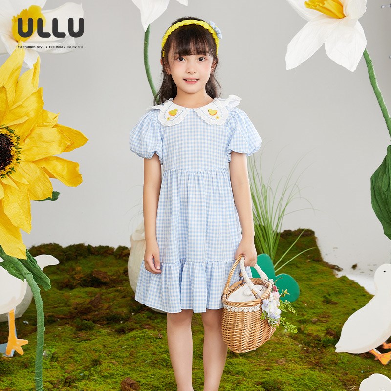 ULLU优露童装女童短袖连衣裙24夏款小清新花瓣领提花格子连衣裙