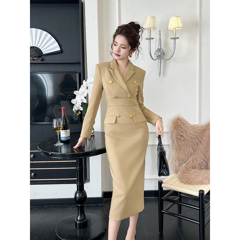 白色连衣裙长款高级感气质收腰修身显瘦西装面料裙子正装职业女装