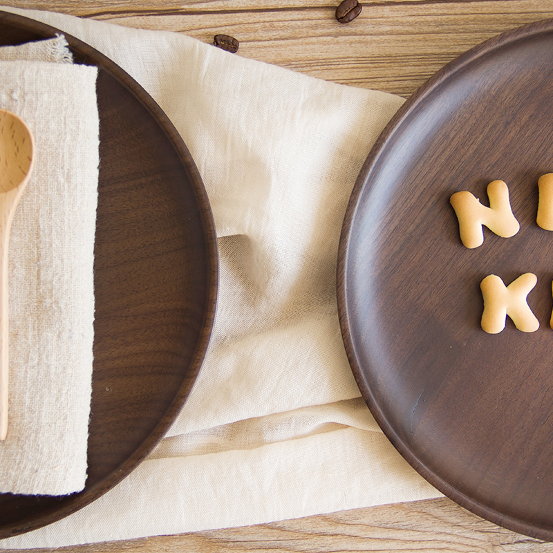 黑胡桃实木餐盘 木盘子圆形 水果盘托盘 干果盘点心零食木碟