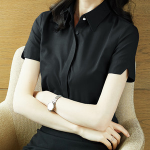 雀后夏装新款分叉短袖衬衫女蓝色职业正装修身显瘦工作服黑色衬衣