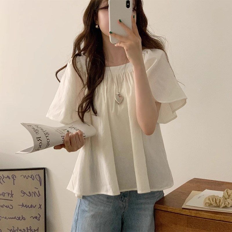 法式温柔蓝色衬衫女夏季小个子方领松紧褶皱喇叭袖宽松百搭娃娃衫,女装/女士精品,衬衫,淘宝优惠券,粉丝福利购,淘宝优惠卷