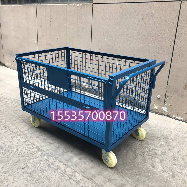手推轮子置物架拉货框平板车围栏铁车铁笼手拉车仓储笼周转箱~