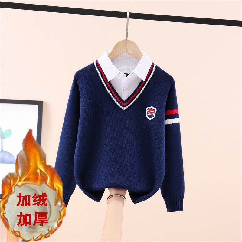 男童假两件毛衣新款加绒加厚儿童纯棉针织衫洋气男孩衬衫领打底衫