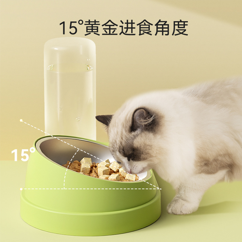 猫碗双碗自动饮水猫食盆不锈钢狗碗宠物碗护颈斜口碗饮水喂食一体